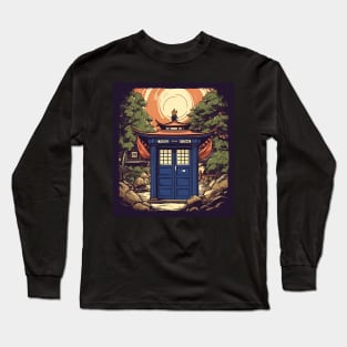 Illustration of blue tardis in Japan on sunset Long Sleeve T-Shirt